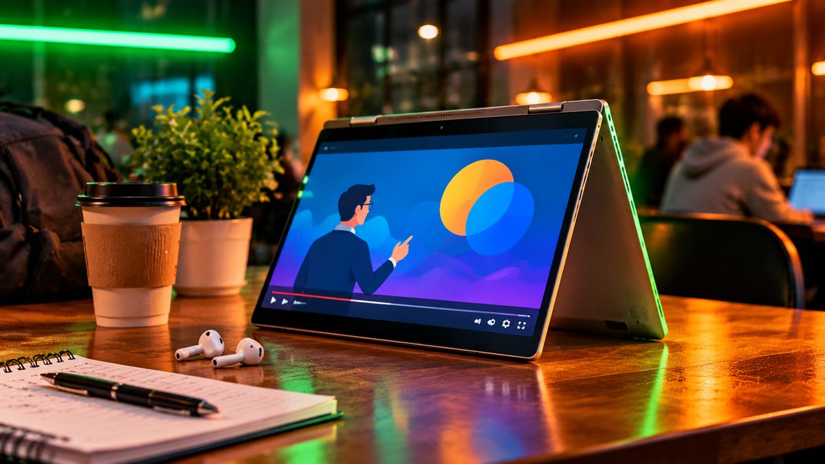 A 2-in-1 laptop folded into tent mode on a cafe table playing a video lecture, next to earbuds, a coffee cup and a notebook