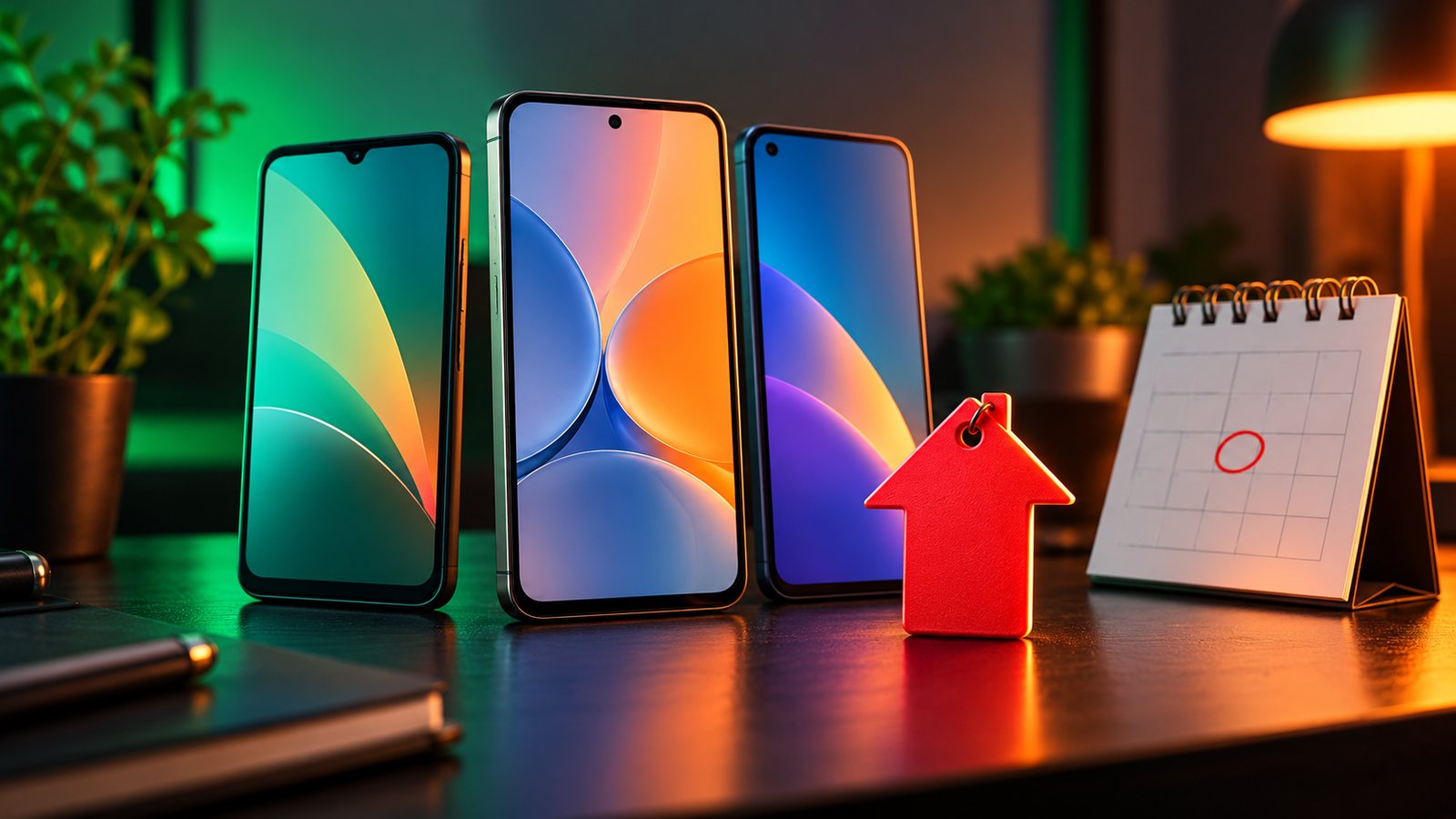 Three budget smartphones on a desk next to a red upward arrow and a desk calendar with a date circled