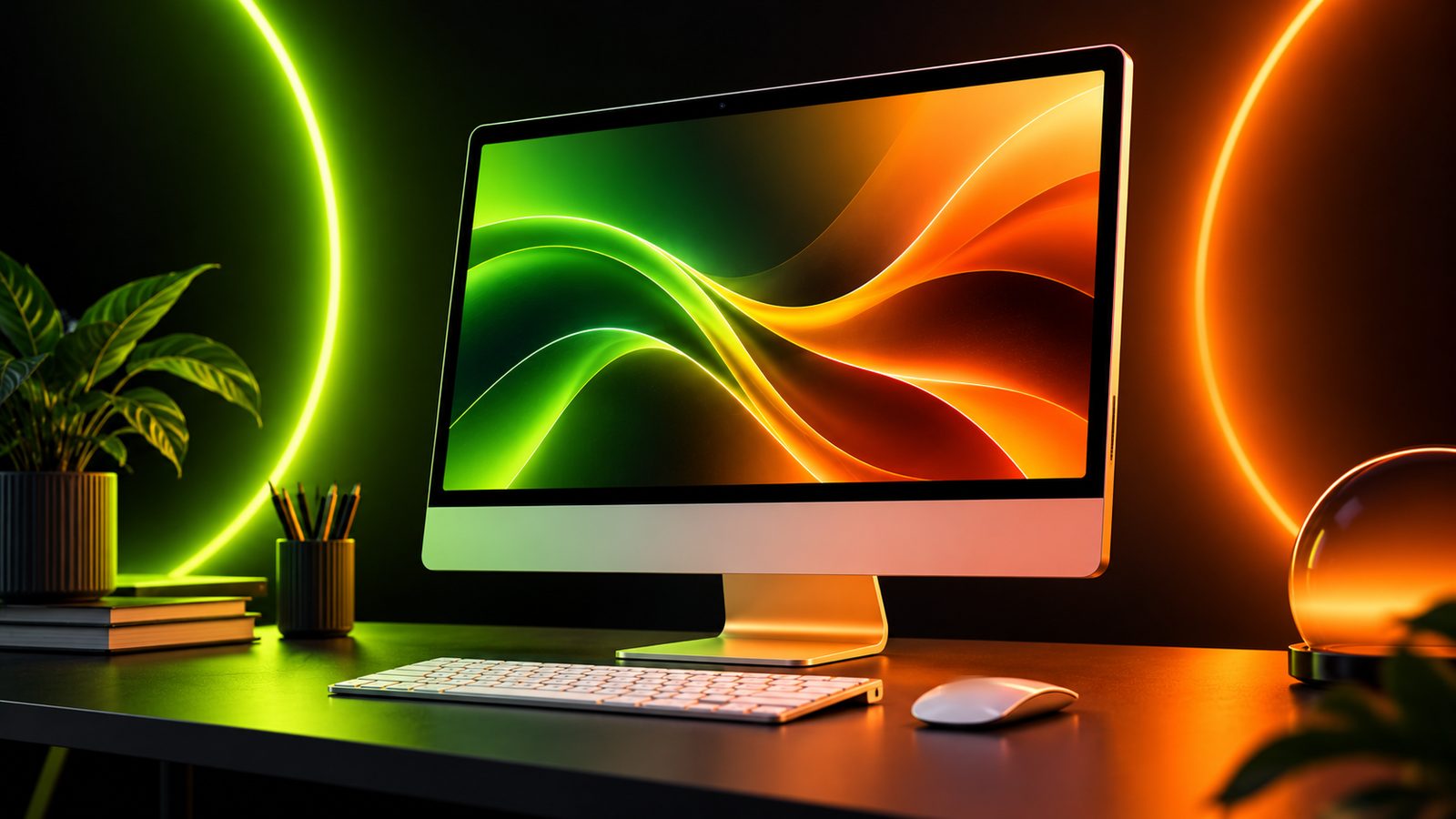 Concept illustration of a slim all-in-one desktop computer on a desk