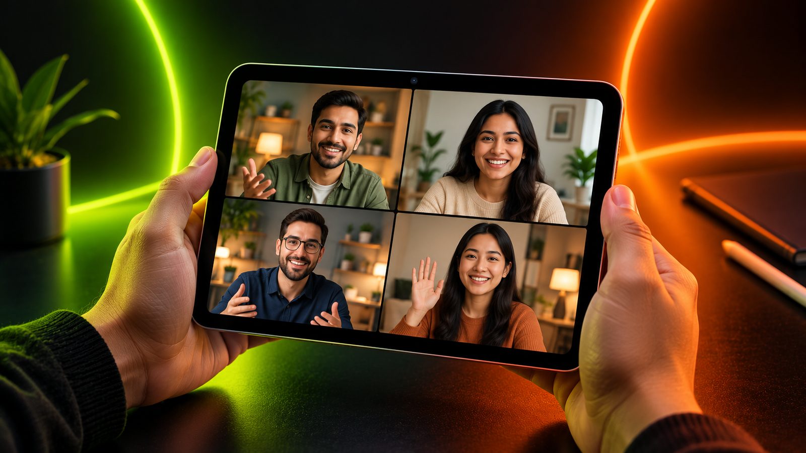 Concept illustration of a small tablet held in landscape during a video call