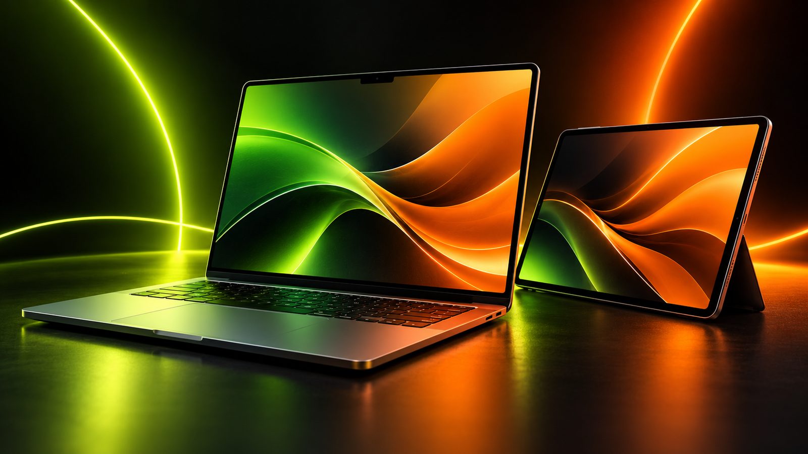 Concept illustration of a laptop and tablet on a dark background with green and orange light