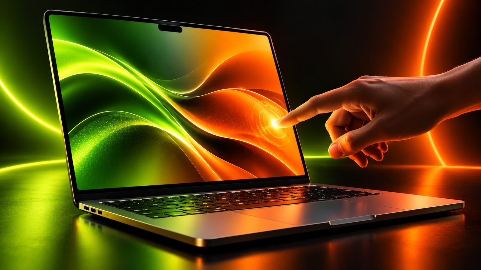 Concept illustration of a finger touching a laptop's OLED touchscreen