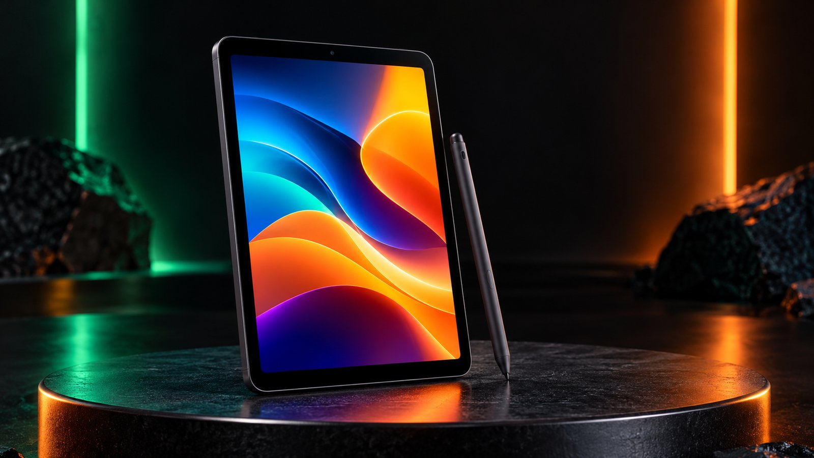 A small tablet with a colourful OLED screen and a stylus standing on a round black stage lit by green and orange lights