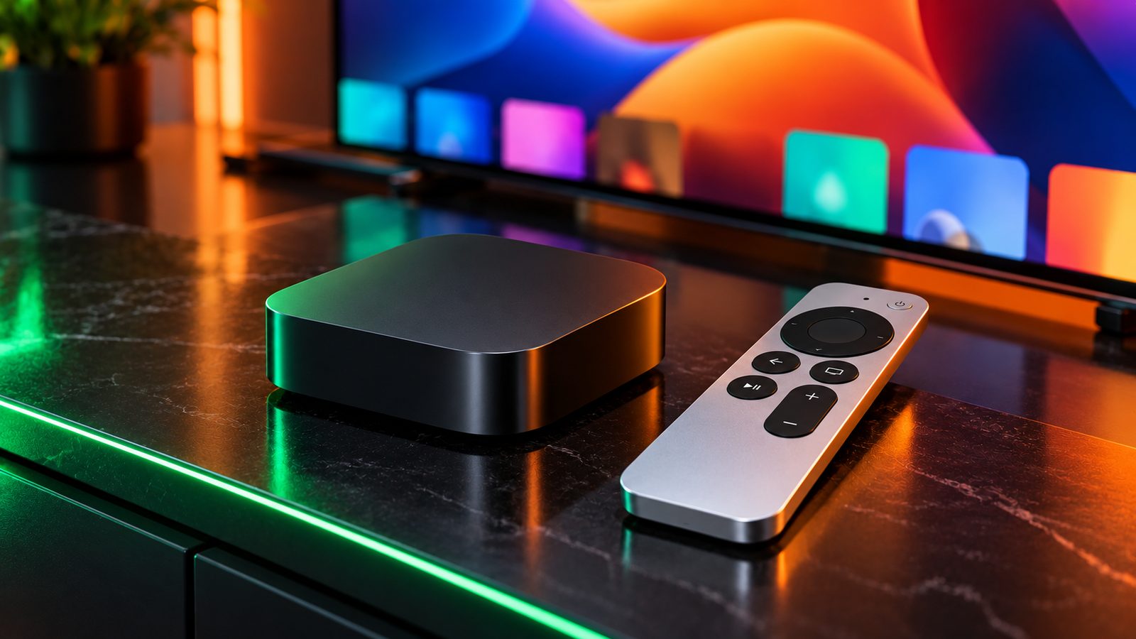 Illustration of a black streaming box and silver TV remote on a TV console in front of a large TV