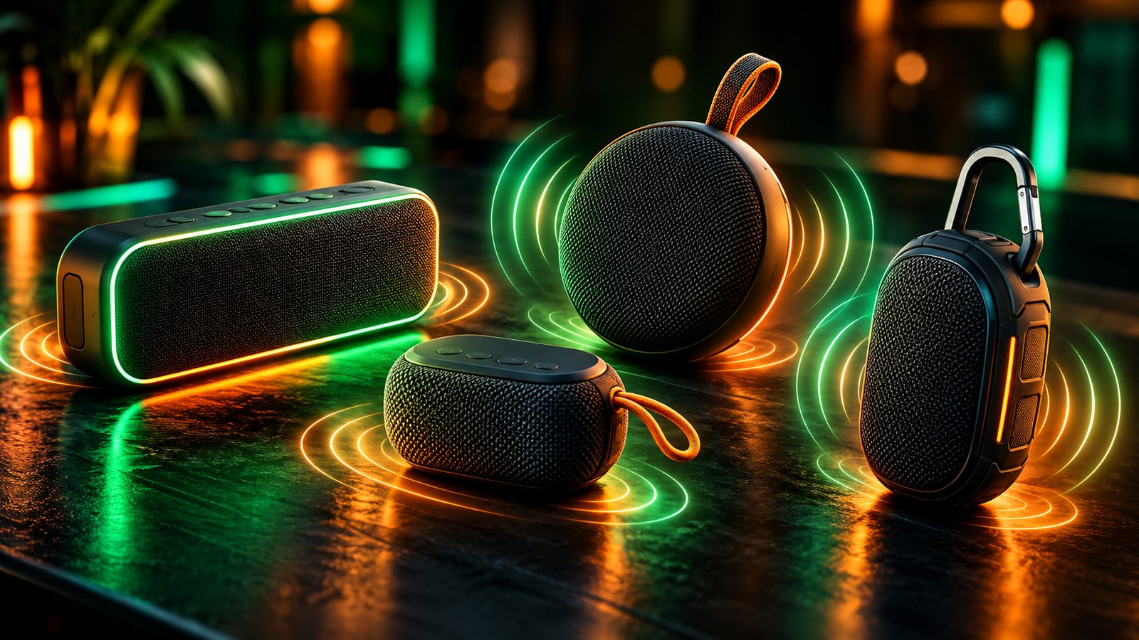 Four small portable Bluetooth speakers of different shapes on a dark reflective table with glowing green and orange sound waves