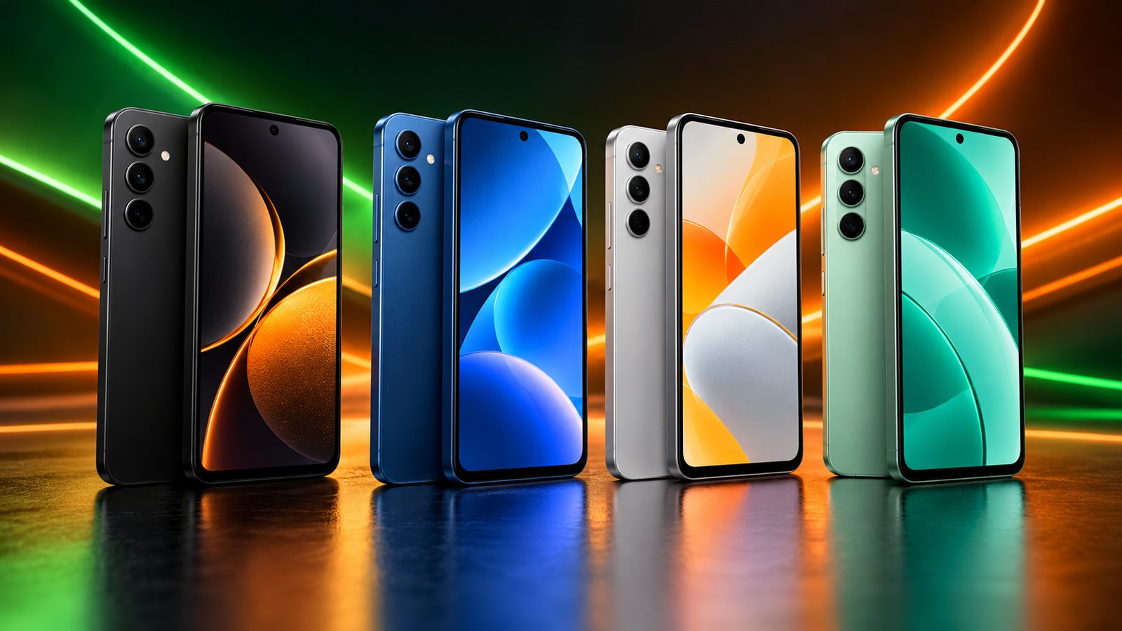 Four budget smartphones in black, blue, silver and green standing in a row