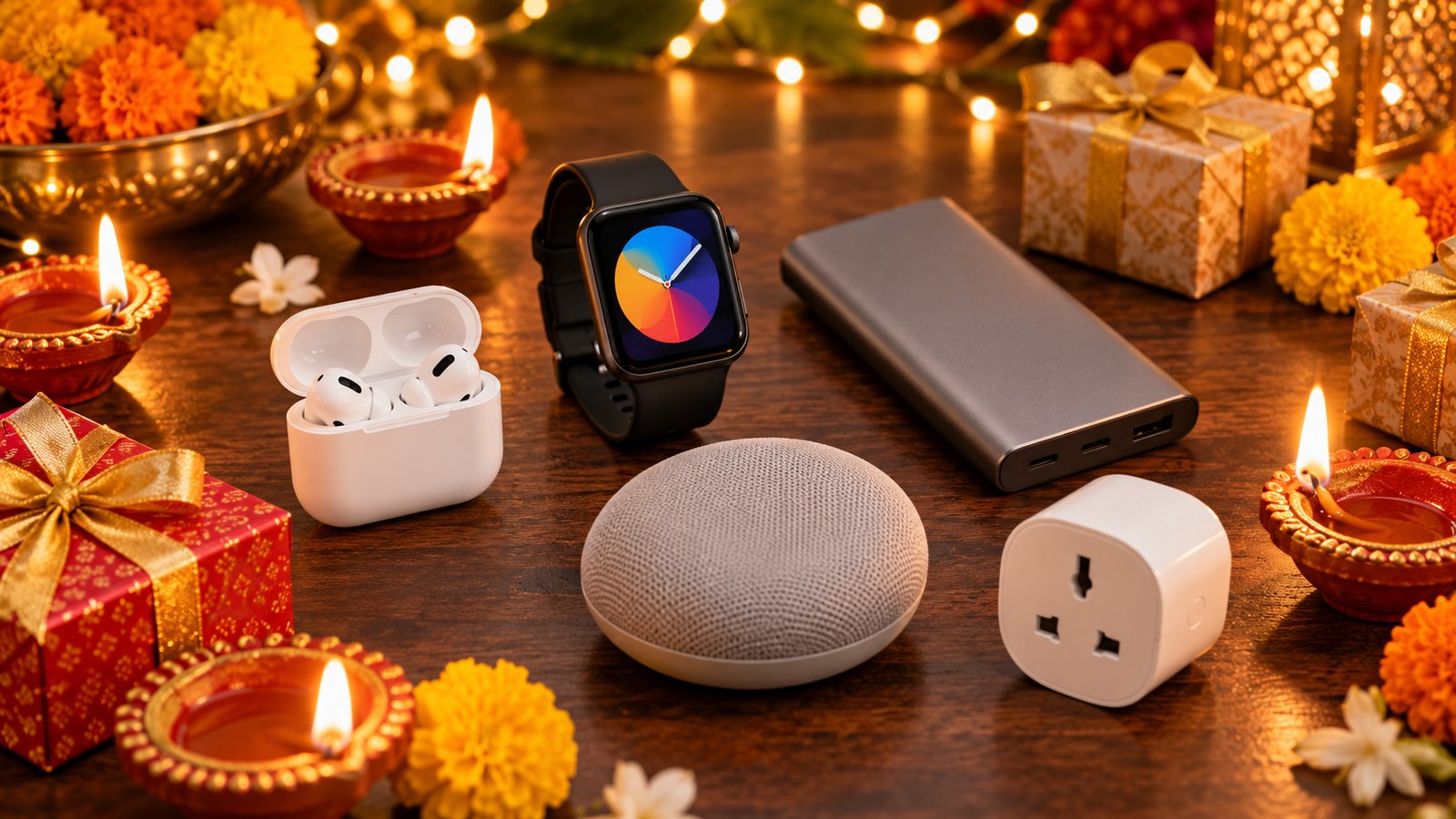 Wireless earbuds, a smartwatch, a power bank, a Bluetooth speaker and a smart plug on a table with diyas, marigolds and Diwali gift boxes