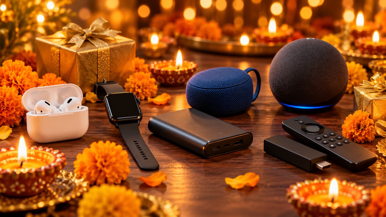 Wireless earbuds, a smartwatch, a power bank, a portable speaker, a smart speaker and a TV streaming stick on a table with diyas, marigolds and gold gift boxes