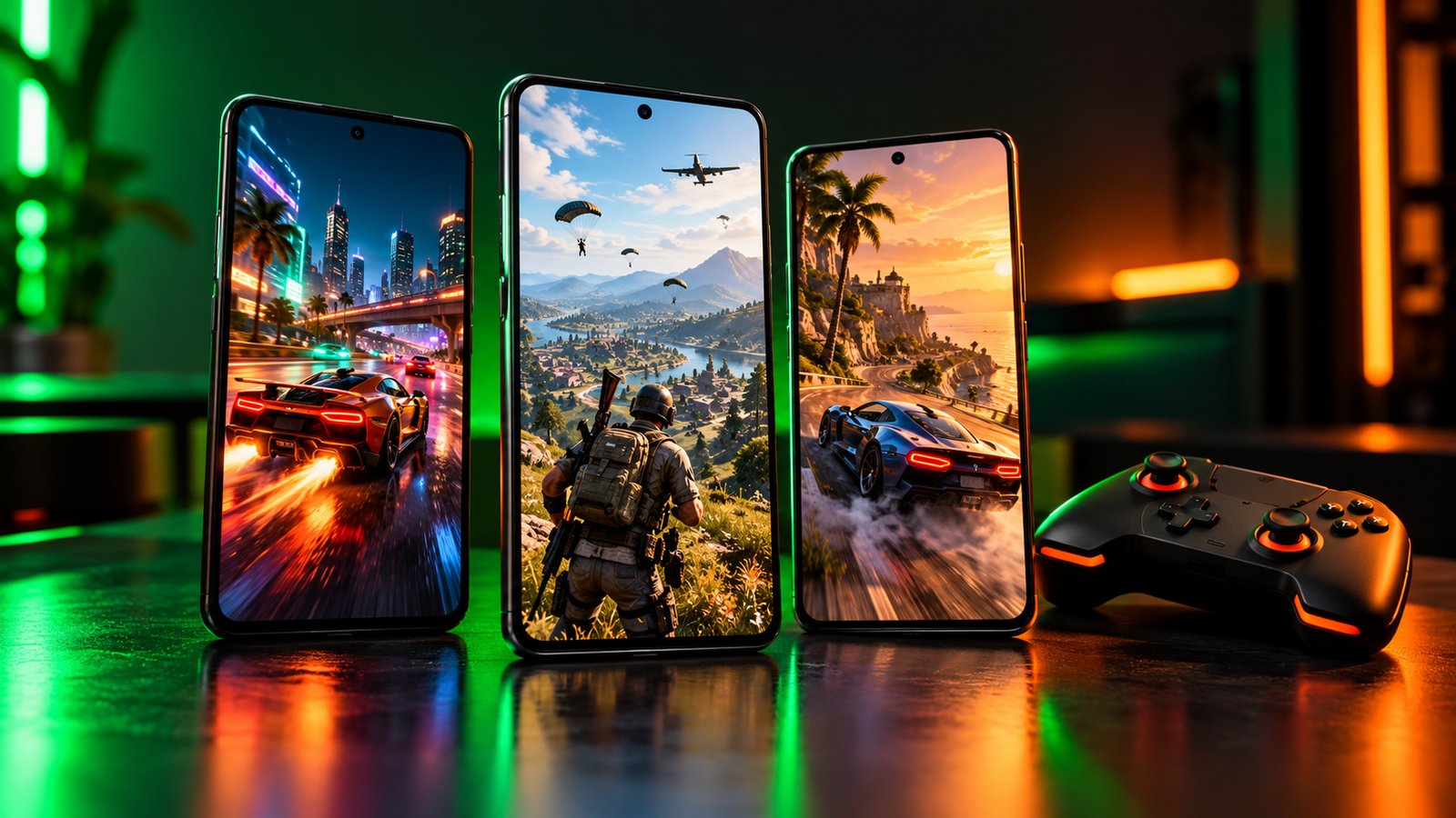 Three smartphones showing racing and battle royale games next to a gamepad, lit by green and orange neon
