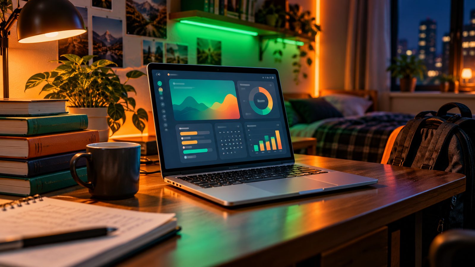 A thin silver laptop open on a wooden dorm room desk at night, next to textbooks, a coffee mug and a backpack, lit by green and orange lights