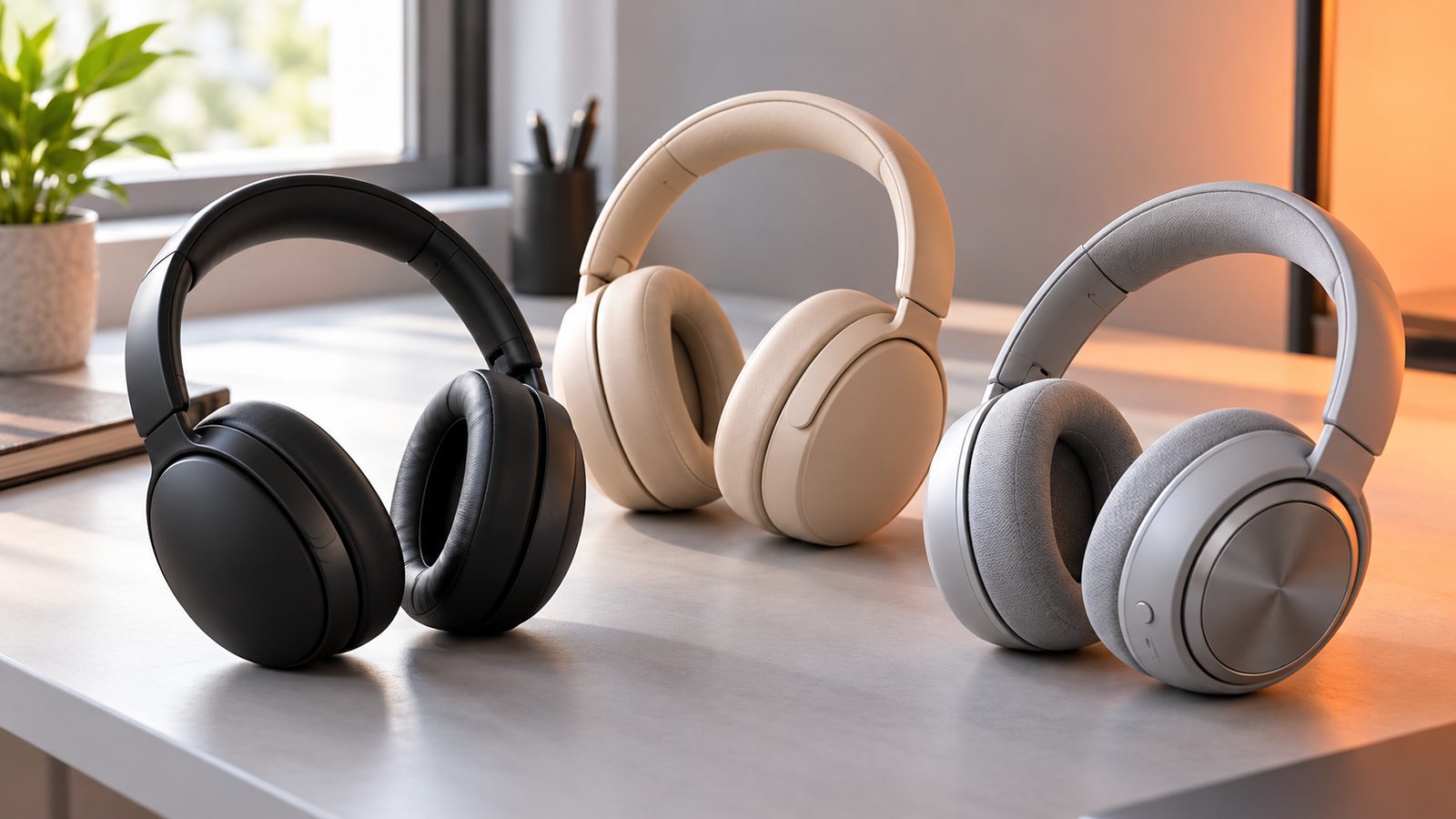 Three over-ear wireless headphones in black, beige and light grey on a bright desk by a window