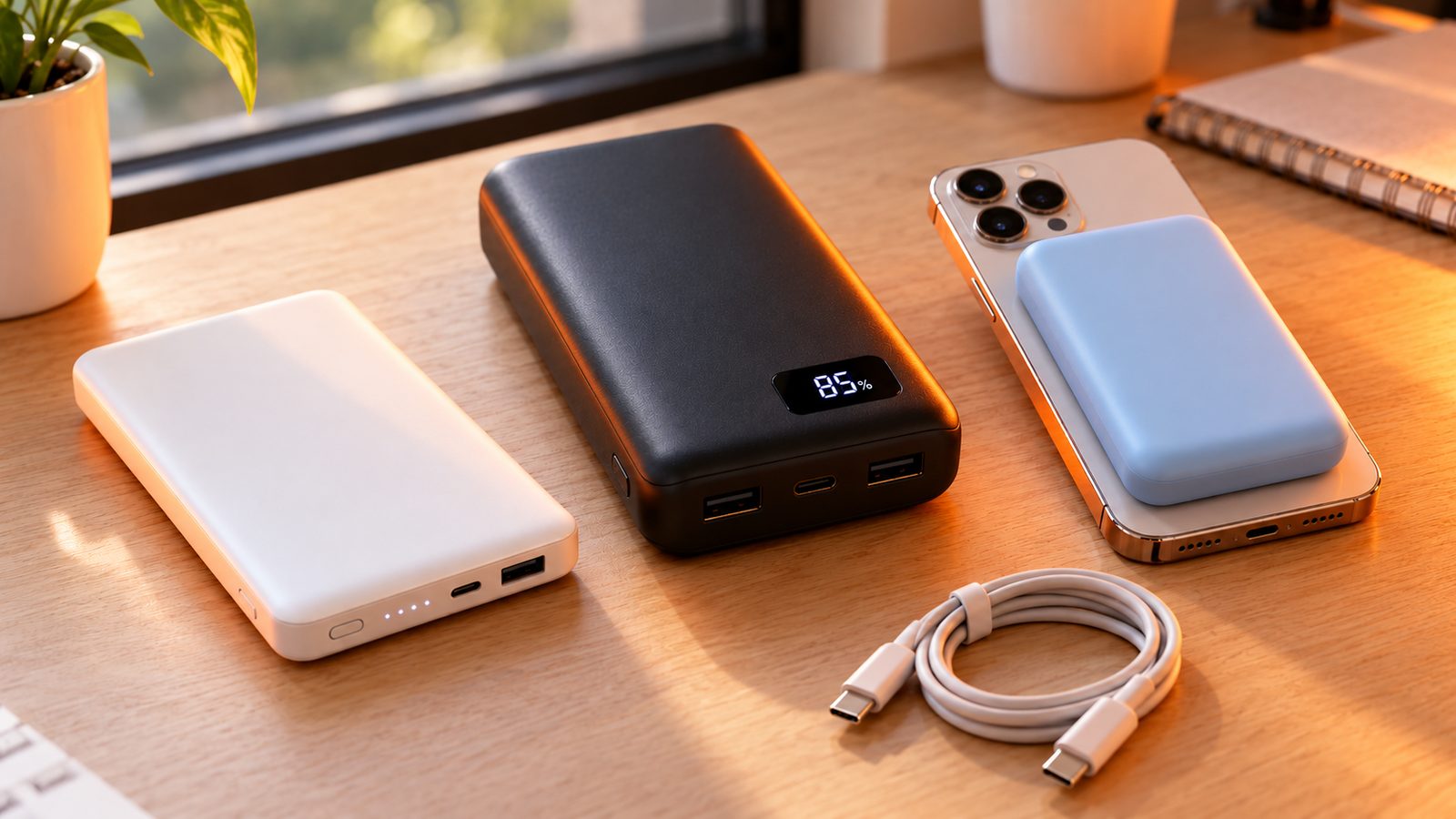Illustration of a slim white power bank, a black power bank with a digital display and a light-blue magnetic power bank on a phone