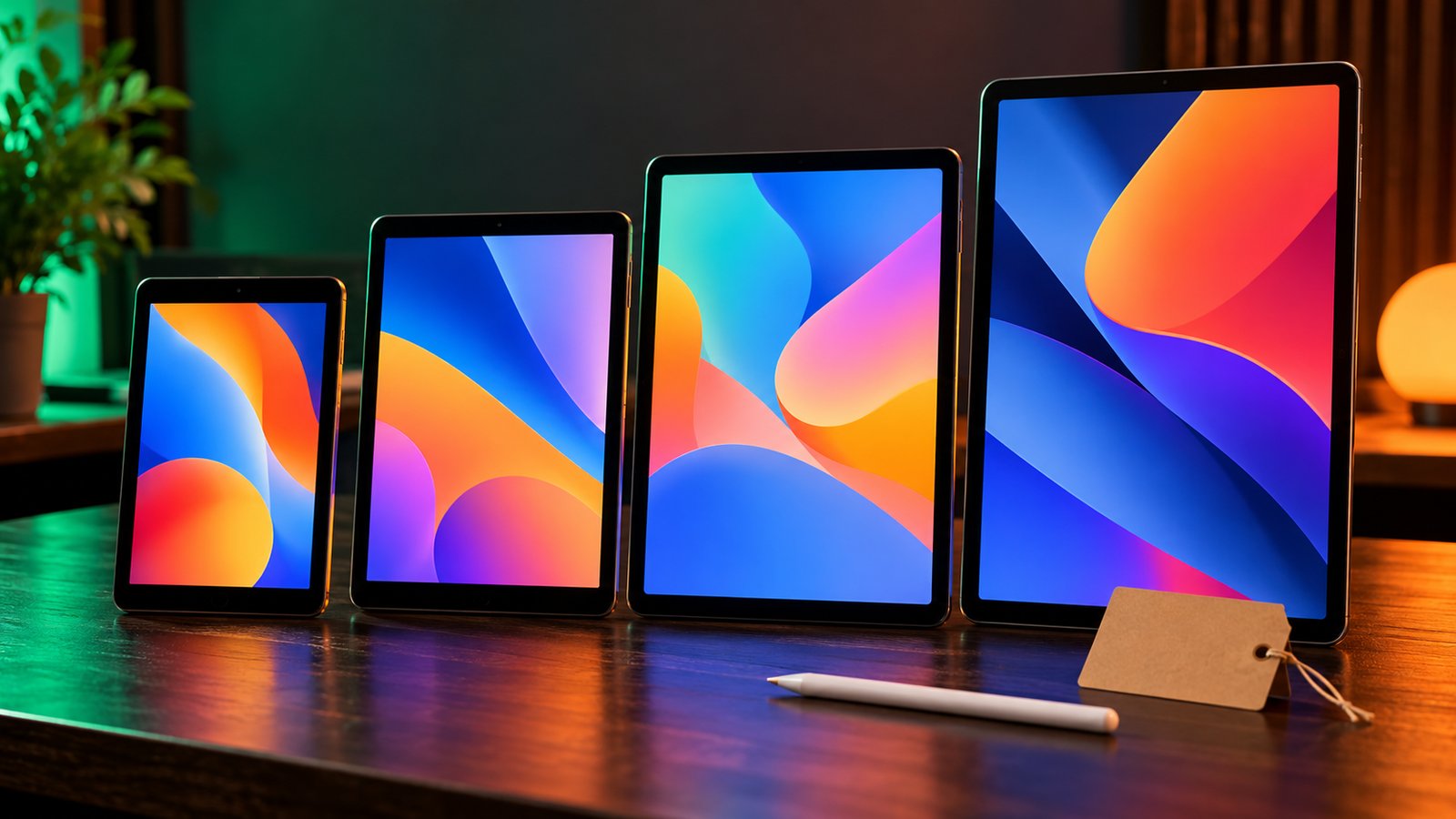Four tablets of different sizes with colourful screens lined up on a wooden desk next to a stylus and a blank price tag