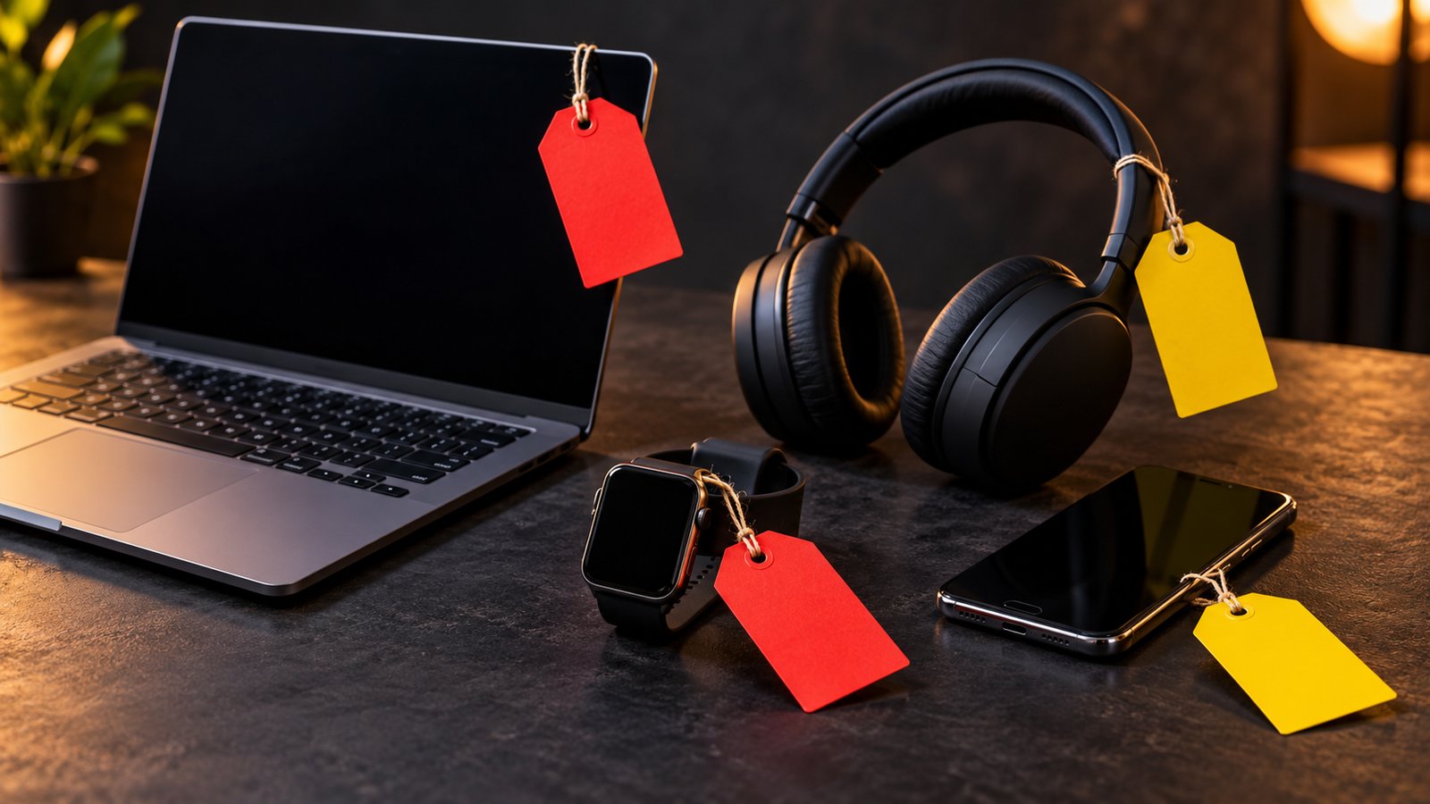 A laptop, headphones, a smartwatch and a phone on a dark table, each with a blank red or yellow sale tag