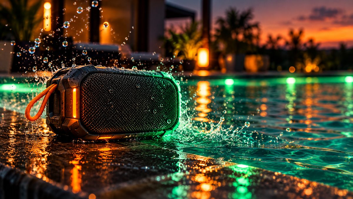 Rugged portable Bluetooth speaker on a wet pool edge with water splashing over it at sunset