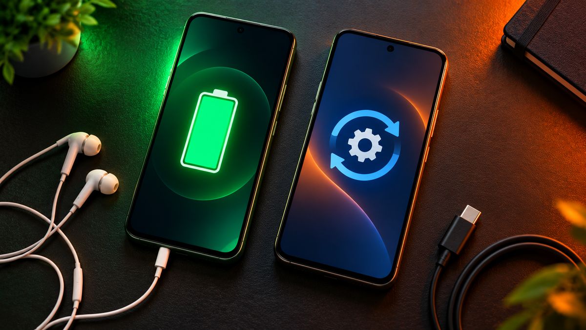 Two budget phones side by side, one showing a full battery icon and the other a software update icon