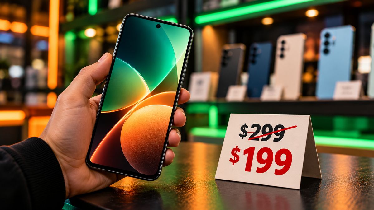 A hand holding a budget phone next to a sale price tag showing $299 cut to $199
