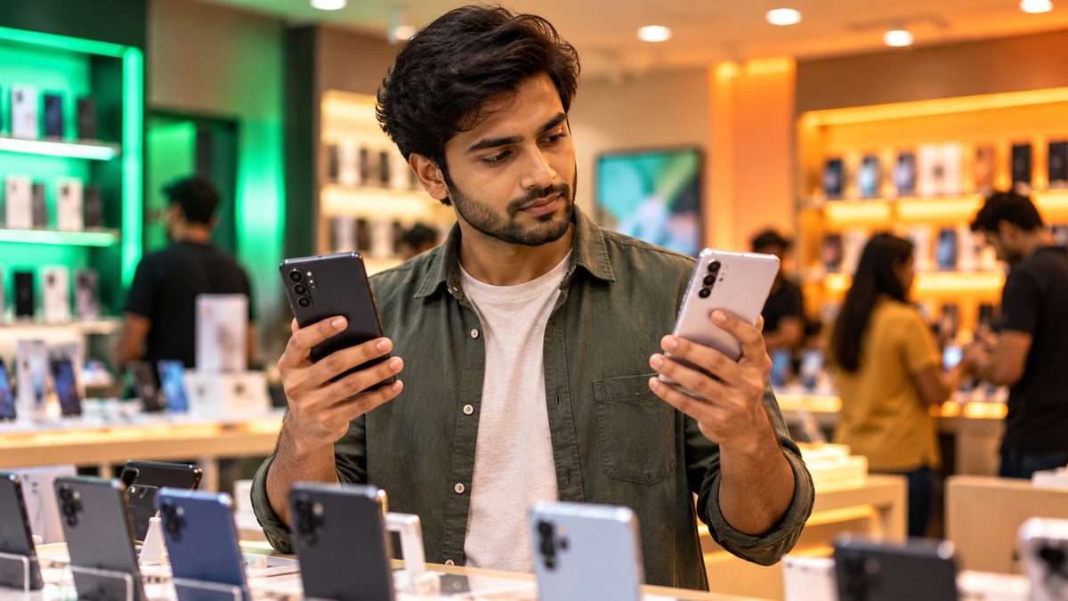 A young man comparing two smartphones, one in each hand, in a mobile phone shop