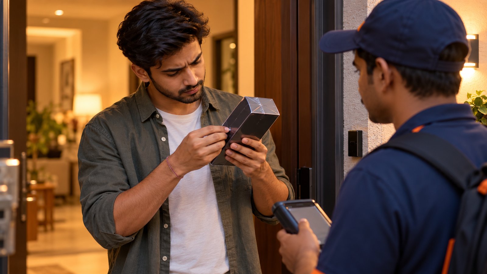 A man at his front door closely checking the seal on a new phone box while a delivery agent waits with a handheld device