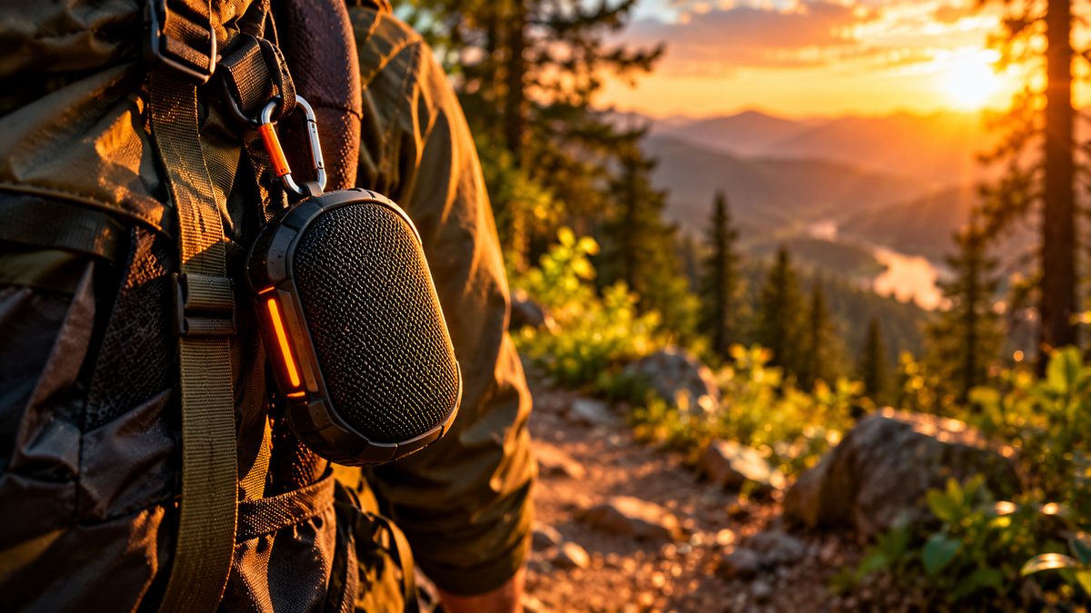 Small Bluetooth speaker clipped to a hiking backpack strap on a mountain trail at sunset