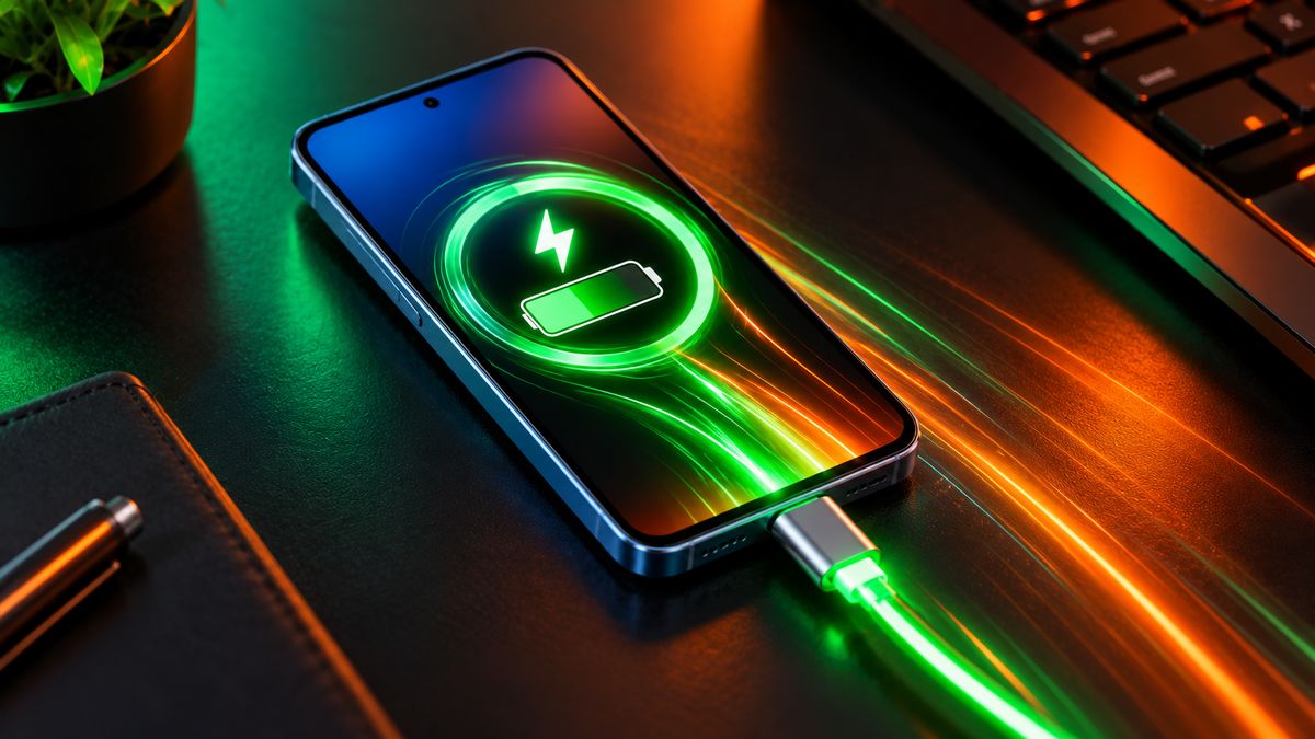 A compact phone fast charging on a desk with a glowing USB-C cable