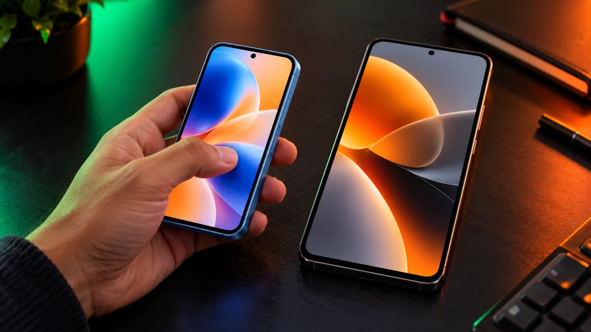 A hand holding a compact phone next to a larger phone for size comparison