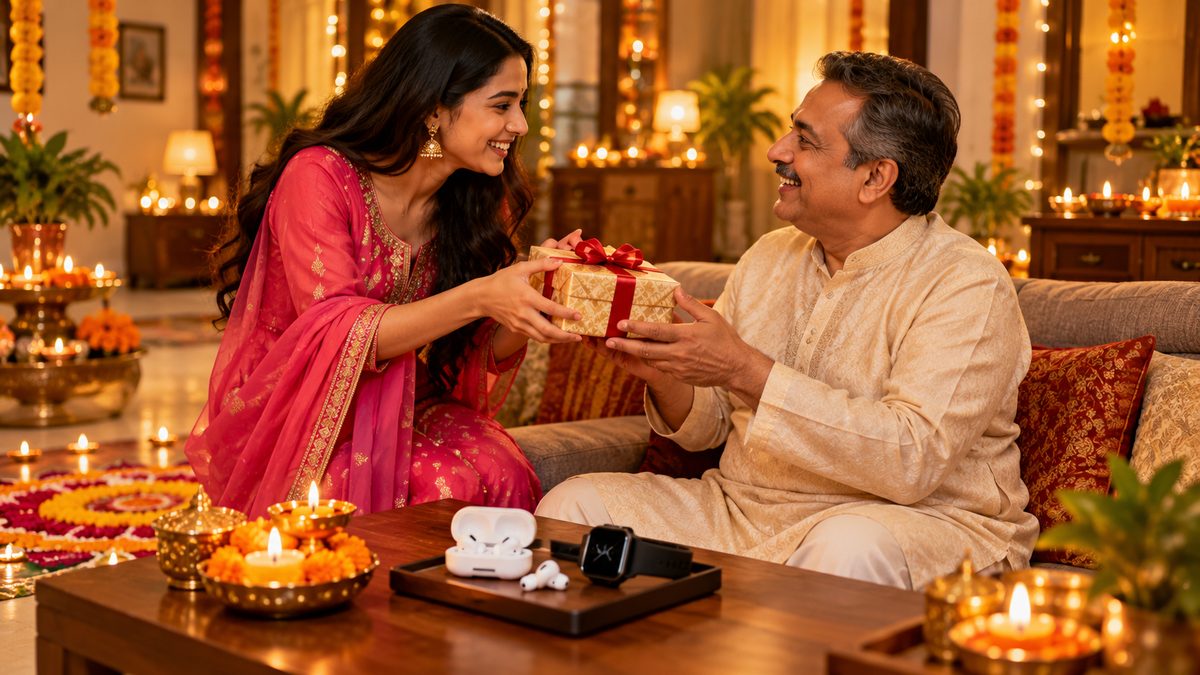 A young woman giving a wrapped Diwali gift to her smiling father in a living room lit with diyas, with earbuds and a smartwatch on the table