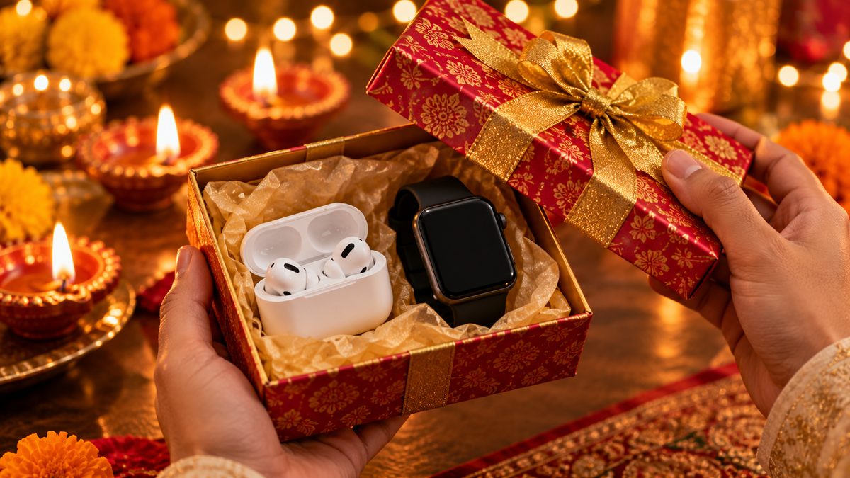 Hands opening a red and gold Diwali gift box with wireless earbuds and a smartwatch inside