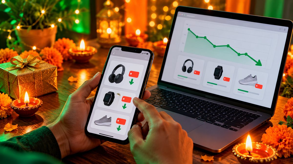 Hands comparing gadget prices on a phone next to a laptop showing a falling price graph, with diyas and marigolds on the desk