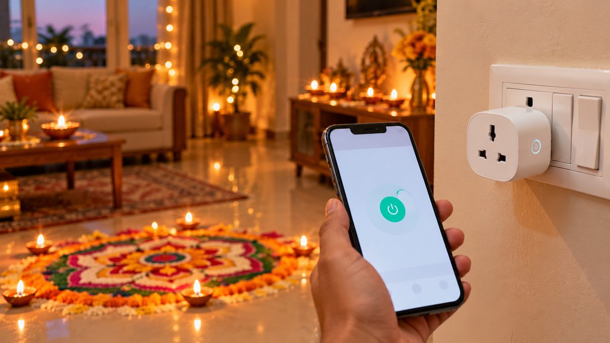 A white smart plug in a wall socket controlled from a phone app, with a rangoli and diyas in the living room behind
