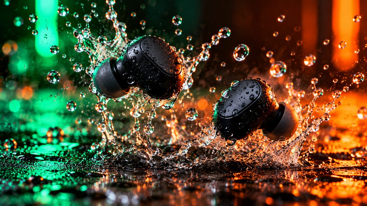 Two black wireless earbuds splashing into water with droplets frozen in mid-air under green and orange light