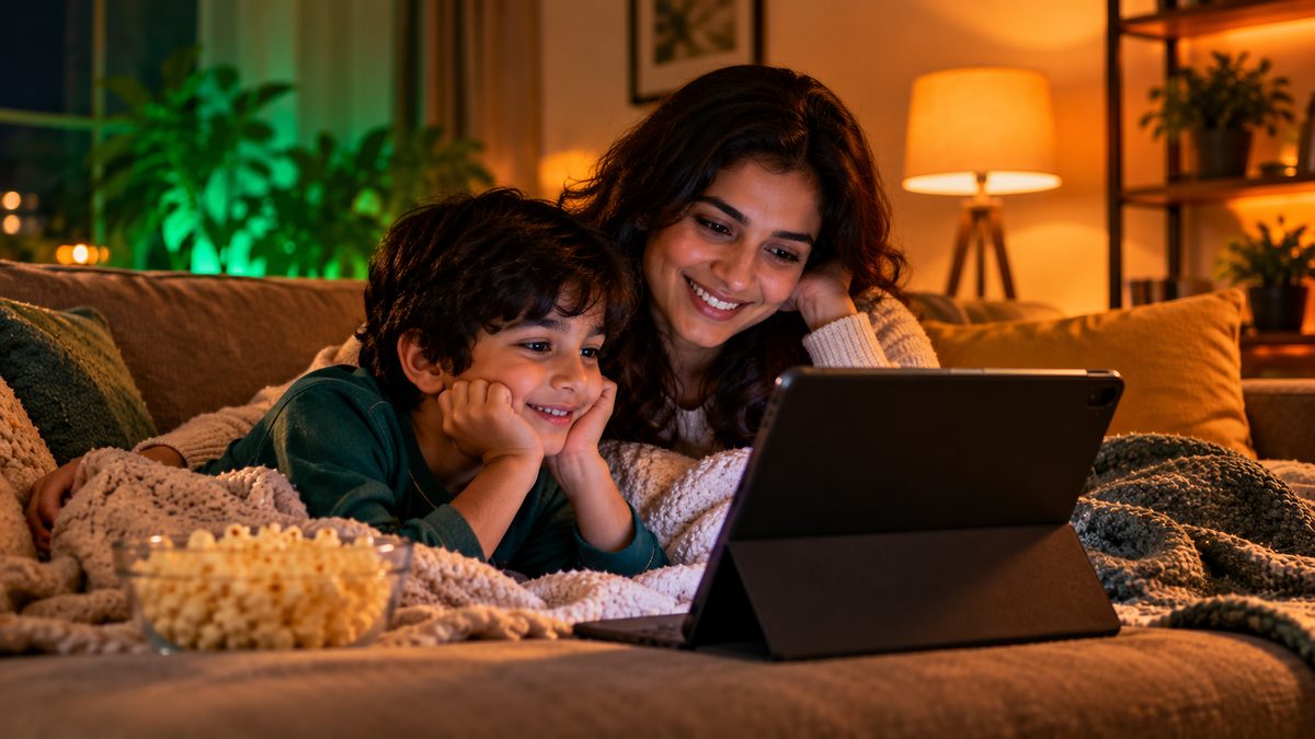 A mother and son lying on a sofa watching a show on a tablet in a stand case