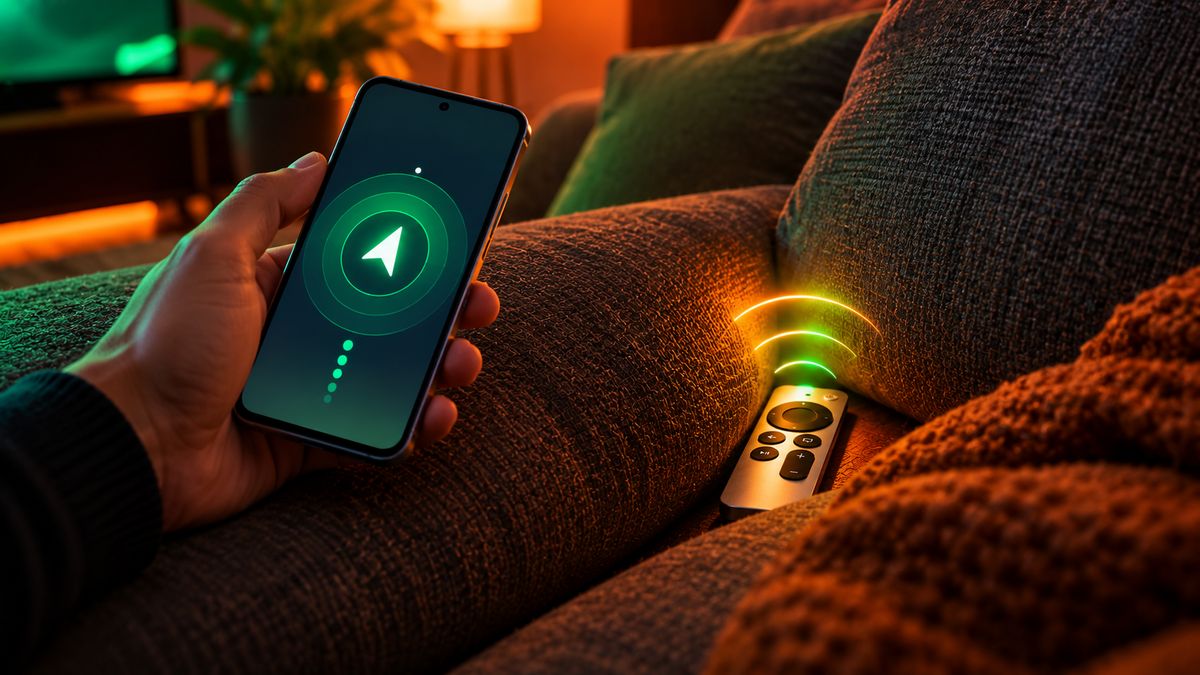 A phone showing a direction arrow to find a TV remote hidden between sofa cushions