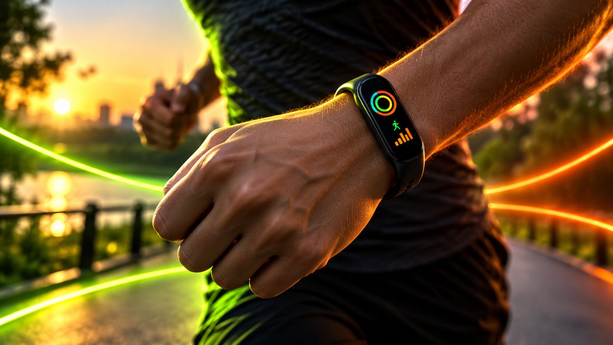 A runner wearing a slim fitness band on a morning jog