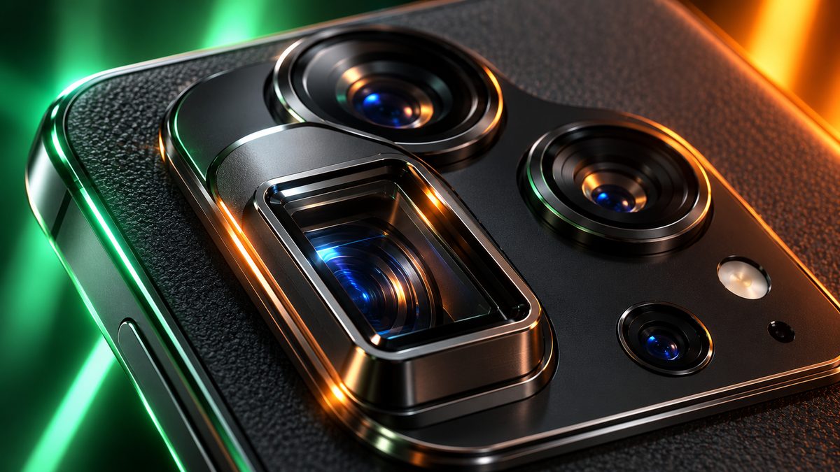 Close-up of a flagship phone's camera module with a large rectangular periscope zoom lens