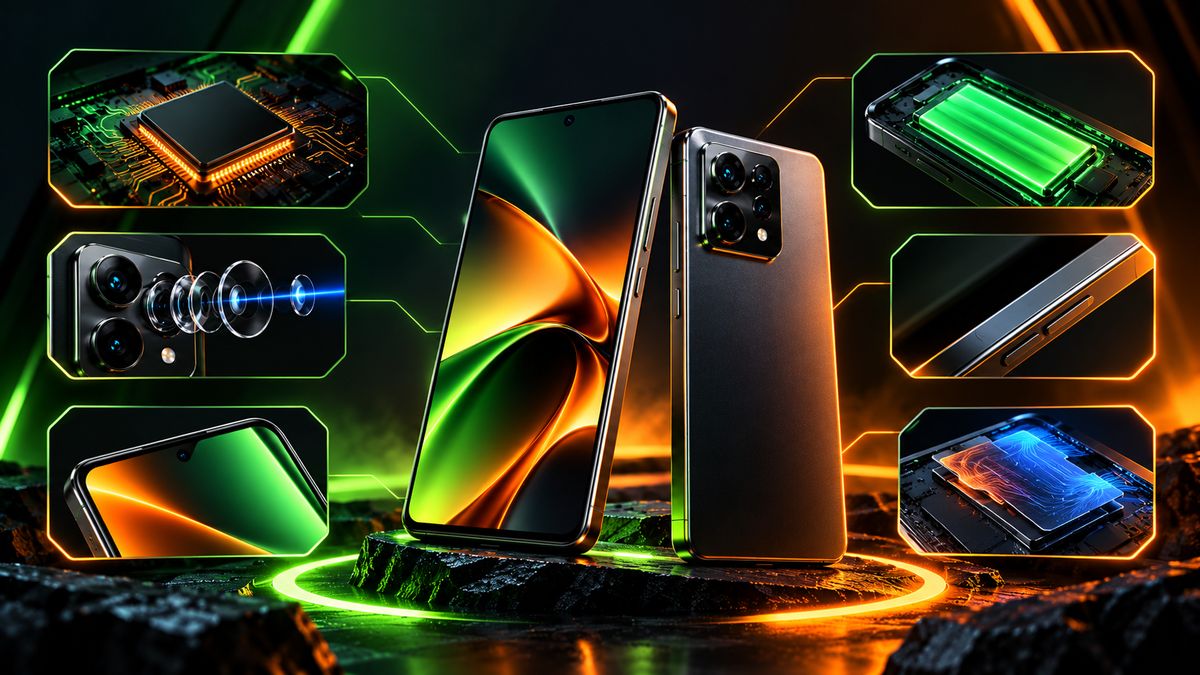 Concept illustration of a flagship phone with callouts for chip, camera, display and battery