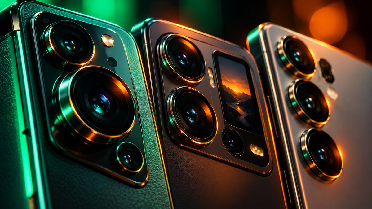 Close-up of the large rear camera modules of three flagship phones, one with a small rear display