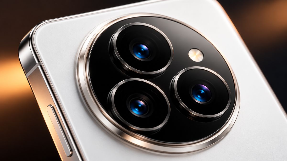 Close-up of a white phone's large circular camera module with three lenses and a flash