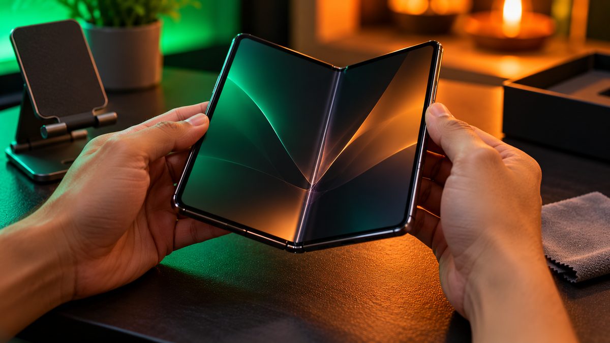 Hands slowly opening a foldable phone to check the hinge and the centre crease of the inner screen