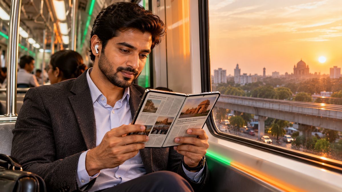 A commuter reading on an unfolded foldable phone on a metro train at sunset
