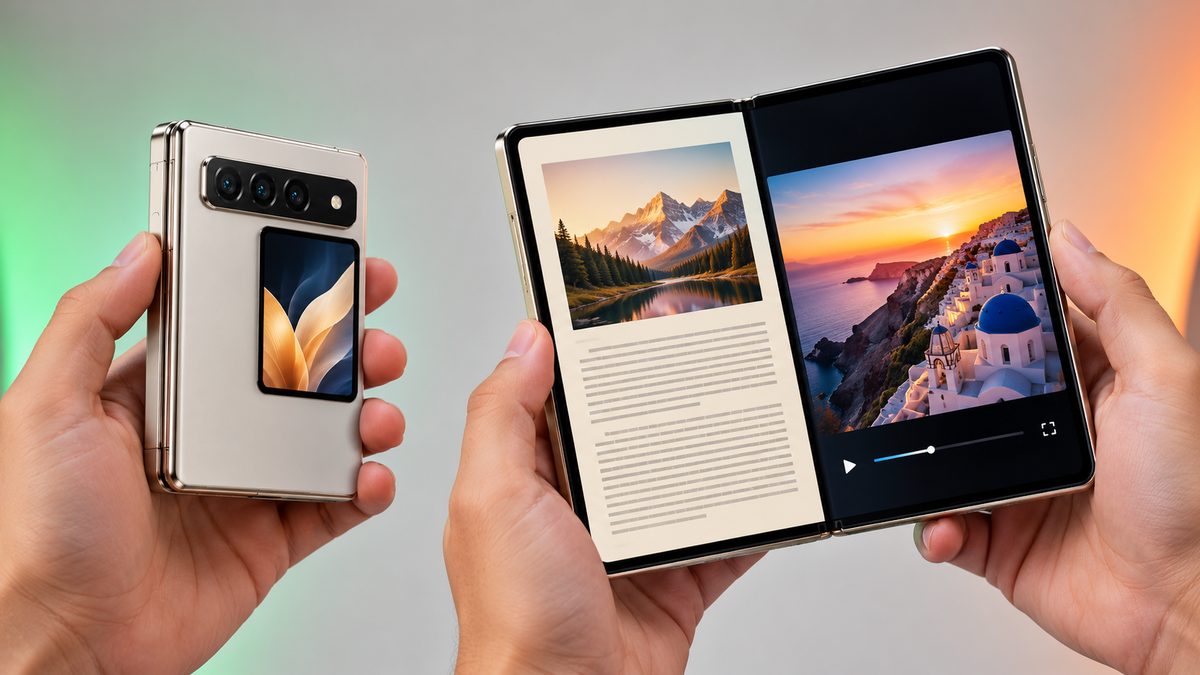 A foldable phone shown closed like a small phone and opened like a mini tablet showing an article and a video