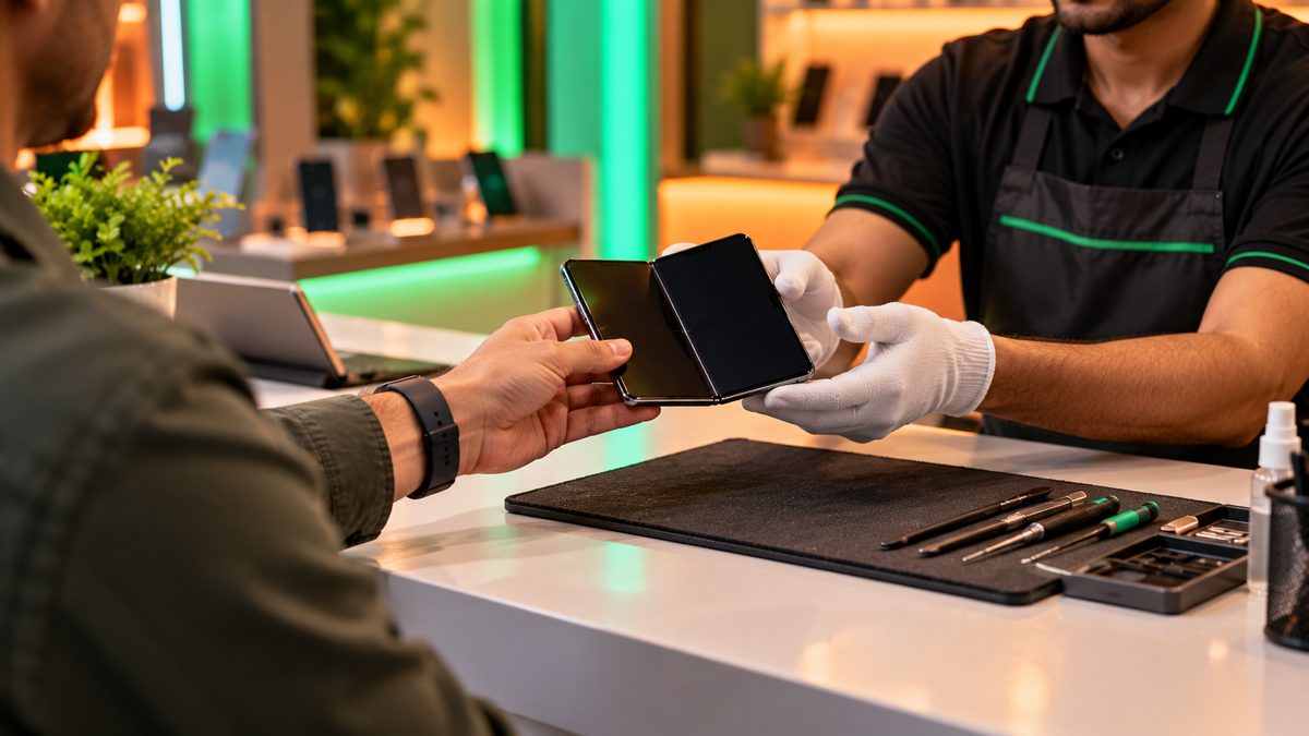 A customer handing a foldable phone to a service technician wearing gloves at a repair counter with tools on a mat