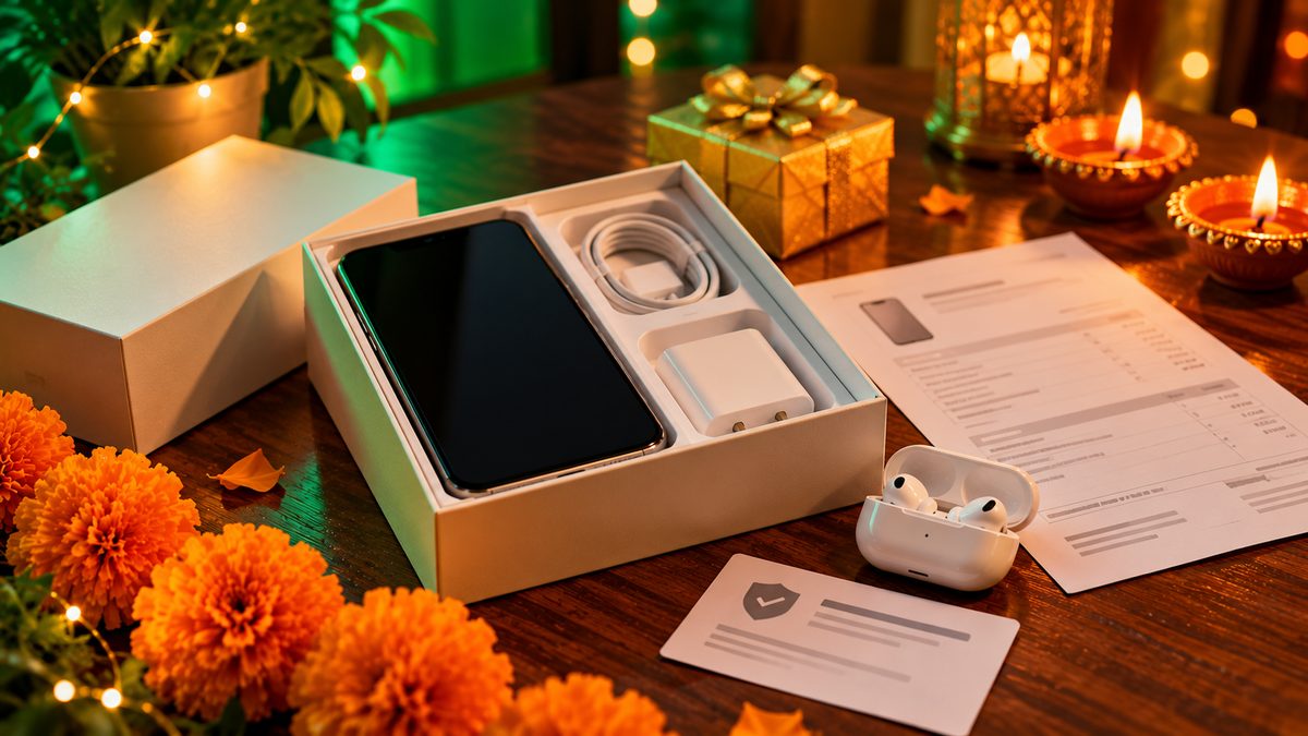 An opened phone box with charger and cable, wireless earbuds, a printed invoice and a warranty card on a table with diyas and marigolds