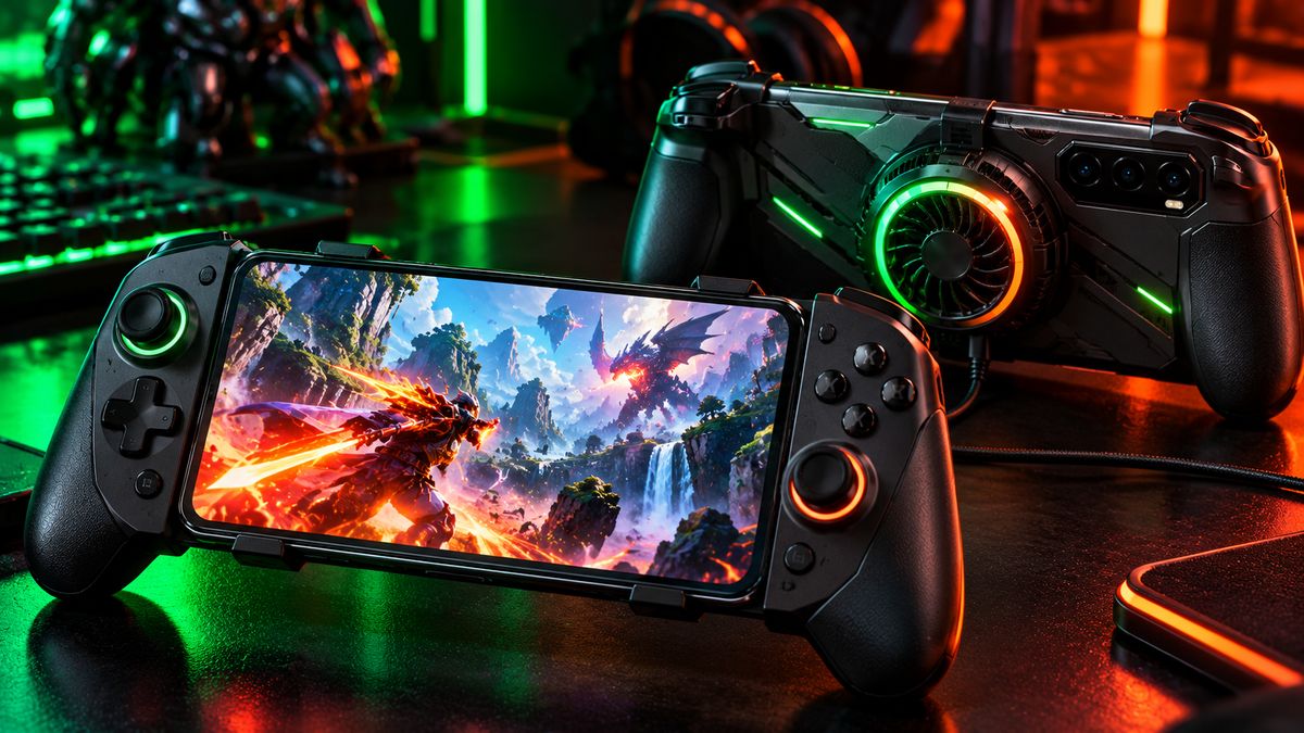 A gaming phone in a clip-on controller and another phone with a magnetic cooling fan attached