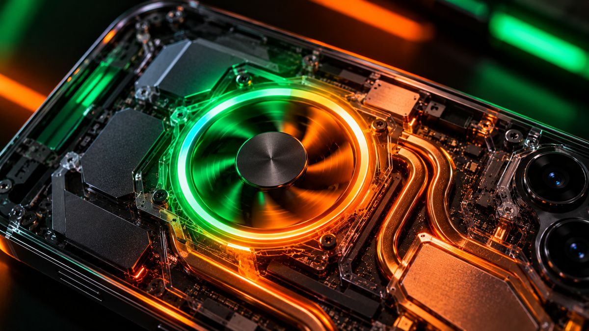 Close-up of a spinning cooling fan with green and orange RGB light and copper heat pipes inside a gaming phone