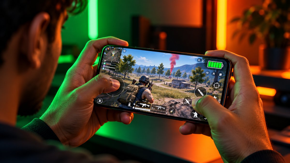 Hands holding a smartphone sideways to play a shooter game with a full battery icon, in a dark room lit by green and orange neon