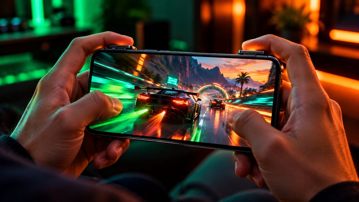 Two hands playing a racing game on a gaming phone in landscape mode, fingers on the shoulder triggers