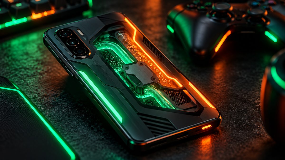 Back of a gaming phone with a see-through liquid cooling panel and green and orange RGB light strips next to a game controller