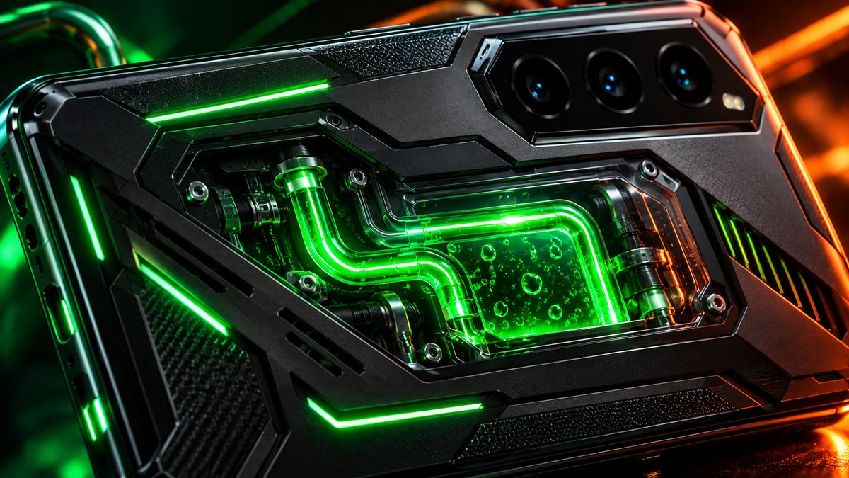 Close-up of a gaming phone back with a see-through window showing glowing green liquid cooling channels
