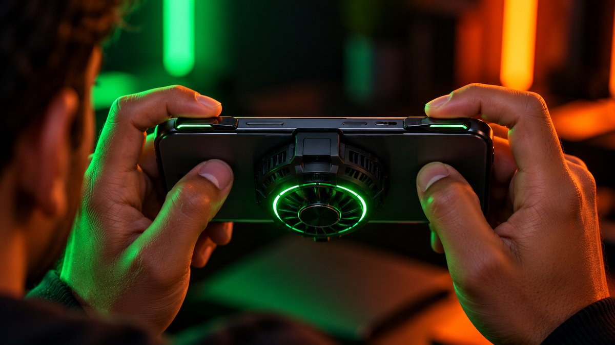 Gamer pressing shoulder triggers on the edge of a phone held sideways, with a clip-on cooling fan glowing green on the back